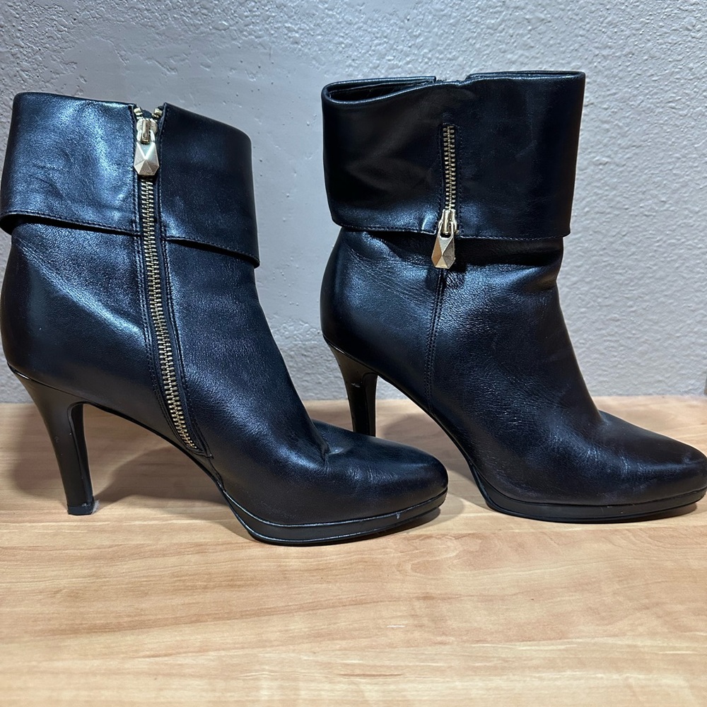 Tahari Black Heeled Boots with Gold Zipper